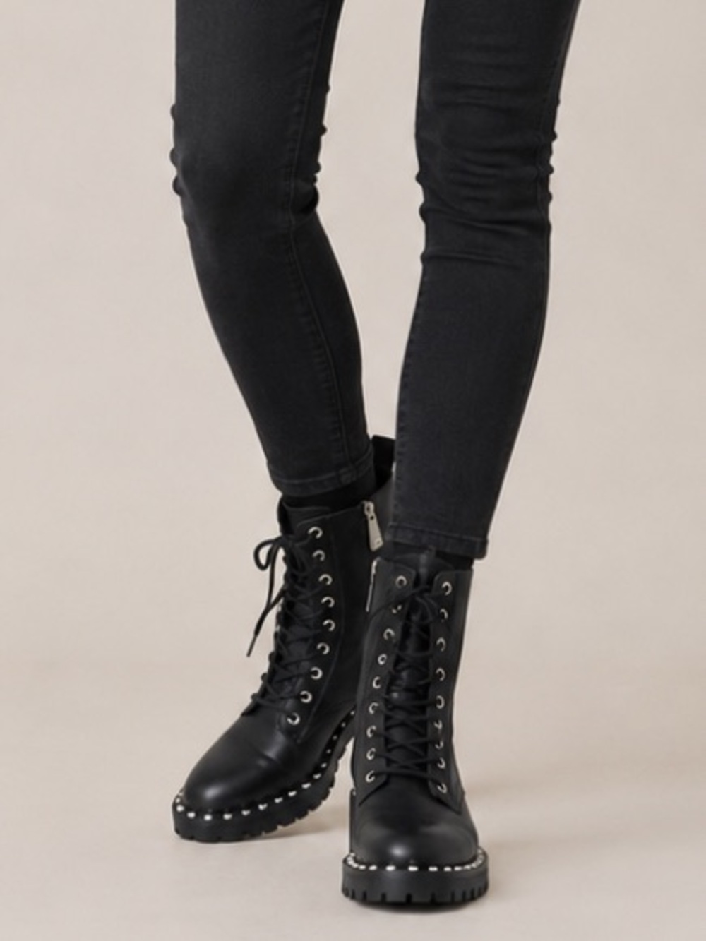 Zara black leather studded lace-up combat boots chunky track sole EU 37